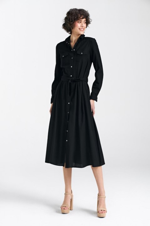 Sukienka lniana zapinana na napy S241 Black - Nife Sukienka lniana zapinana na napy S241 Black - Nife