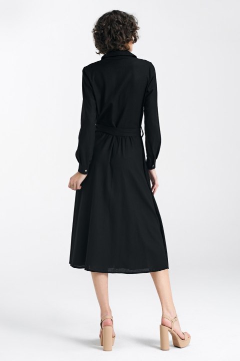 Sukienka lniana zapinana na napy S241 Black - Nife Sukienka lniana zapinana na napy S241 Black - Nife