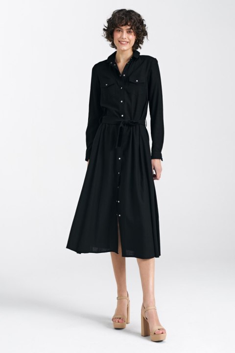 Sukienka lniana zapinana na napy S241 Black - Nife Sukienka lniana zapinana na napy S241 Black - Nife