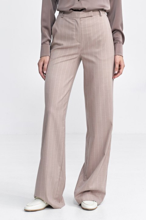 Spodnie bootcu, z krytym guzikiem, prążek SD103 Beige - Nife Spodnie bootcu, z krytym guzikiem, prążek SD103 Beige - Nife