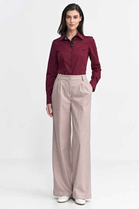 Spodnie z zakładkami wide leg prążek SD105 Beige - Nife Spodnie z zakładkami wide leg prążek SD105 Beige - Nife