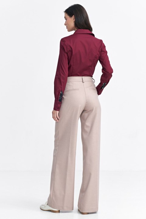 Spodnie z zakładkami wide leg prążek SD105 Beige - Nife Spodnie z zakładkami wide leg prążek SD105 Beige - Nife