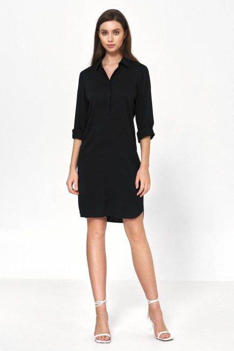 Sukienka Czarna sukienka oversize z podwijanym rękawem S226 Black - Nife Sukienka Czarna sukienka oversize z podwijanym rękawem S226 Black - Nife