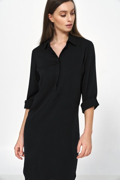 Sukienka Czarna sukienka oversize z podwijanym rękawem S226 Black - Nife Sukienka Czarna sukienka oversize z podwijanym rękawem S226 Black - Nife