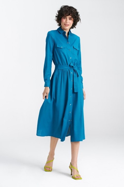 Sukienka lniana zapinana na napy S241 Blue - Nife Sukienka lniana zapinana na napy S241 Blue - Nife