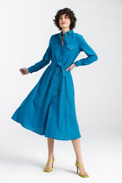 Sukienka lniana zapinana na napy S241 Blue - Nife Sukienka lniana zapinana na napy S241 Blue - Nife