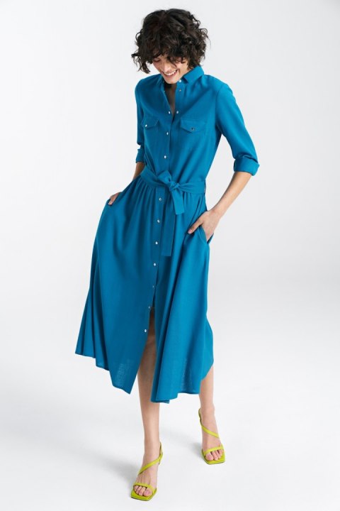 Sukienka lniana zapinana na napy S241 Blue - Nife Sukienka lniana zapinana na napy S241 Blue - Nife