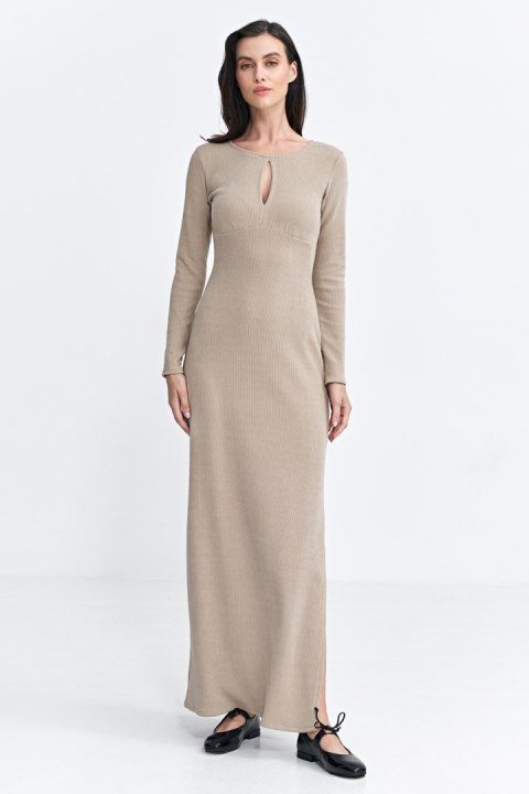 Sukienka maxi z łezką na dekolcie S261 Beige - Nife Sukienka maxi z łezką na dekolcie S261 Beige - Nife