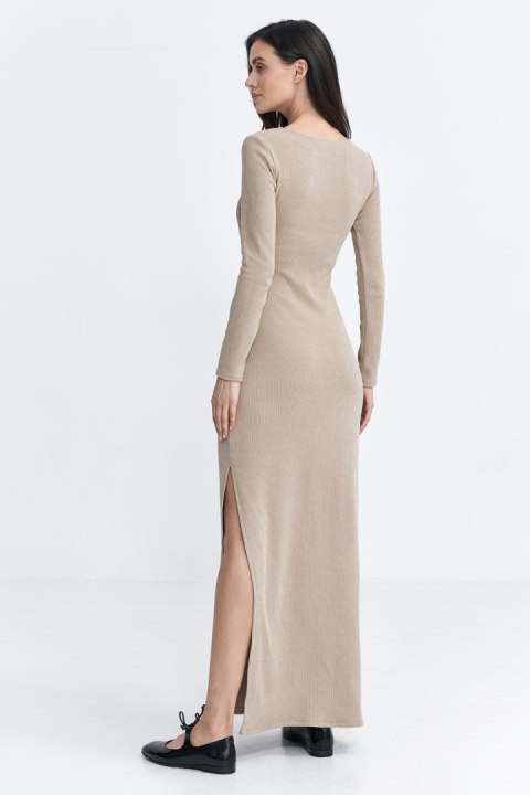 Sukienka maxi z łezką na dekolcie S261 Beige - Nife Sukienka maxi z łezką na dekolcie S261 Beige - Nife